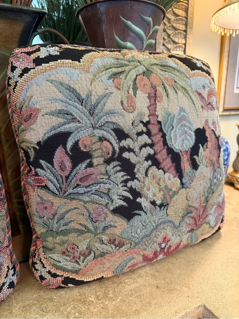 Vintage Aubusson Tapestry Needlepoint Palm Tree Pillows 18x18 - Pair